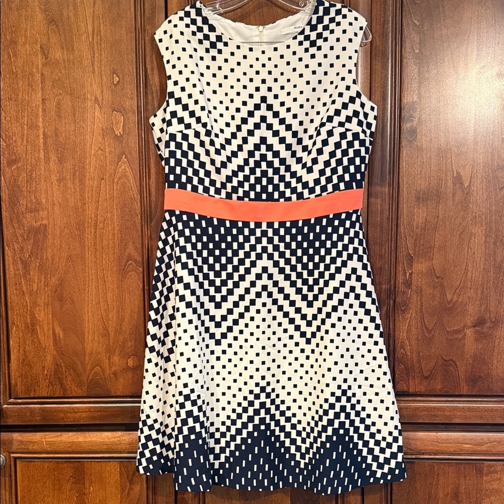 Studio One Blue & White checkered Chevron Dress with Peach Waistband Accent